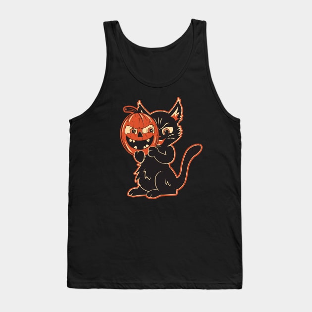 Vintage Halloween Black Cat With Pumpkin Mask Tank Top by Kappacino Creations